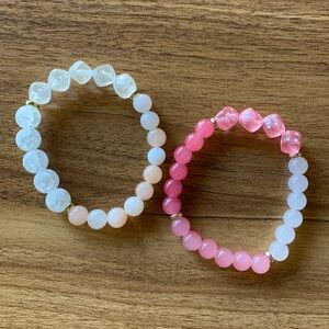 {Handmade} Pink and White Beaded Bracelet Set